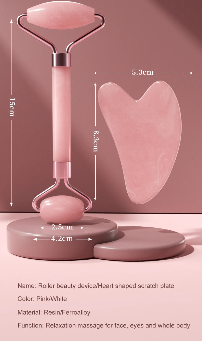 Massageador Facial Roller + Pedra Gua Sha em Quartzo