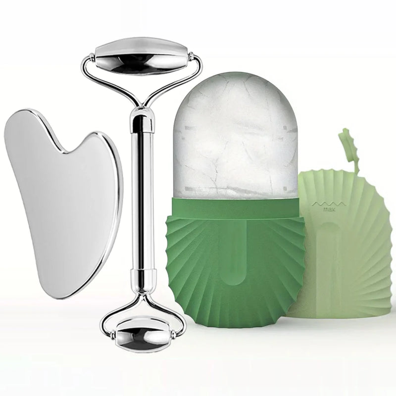 Kit Massageador Facial de Gelo com Rolo de Aço Inoxidável + Gua Sha – Lifting, Contorno e Cuidados com a Pele