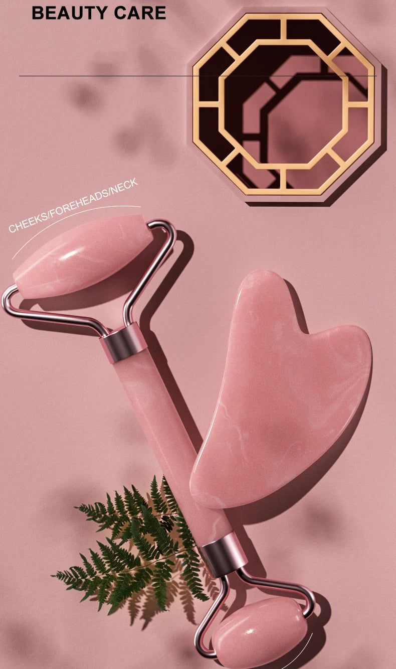Massageador Facial Roller + Pedra Gua Sha em Quartzo