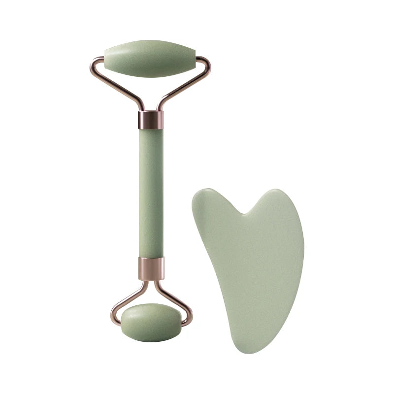 Massageador Facial Roller + Pedra Gua Sha em Quartzo