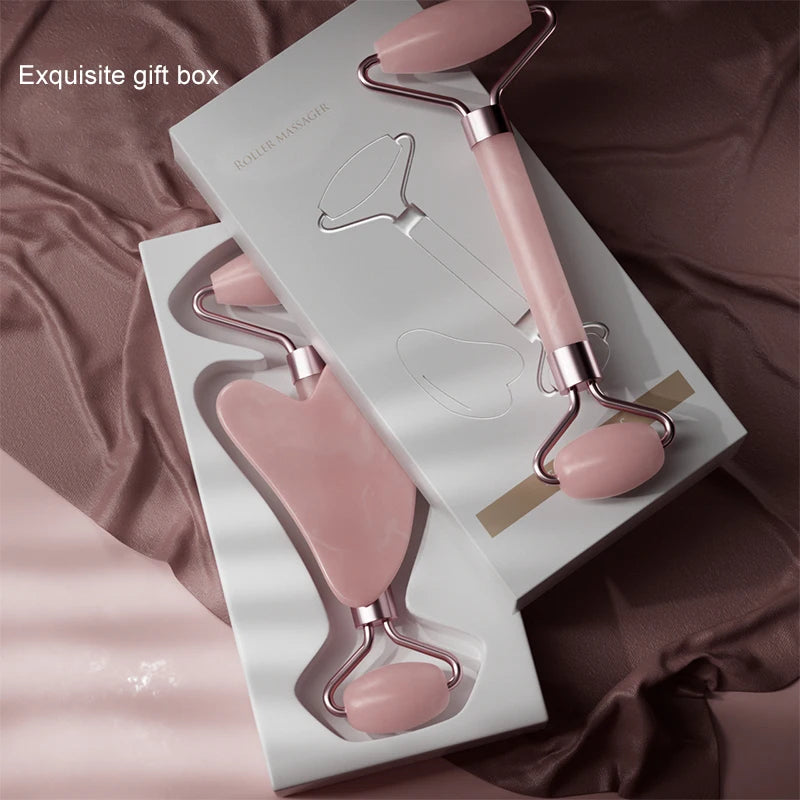 Massageador Facial Roller + Pedra Gua Sha em Quartzo