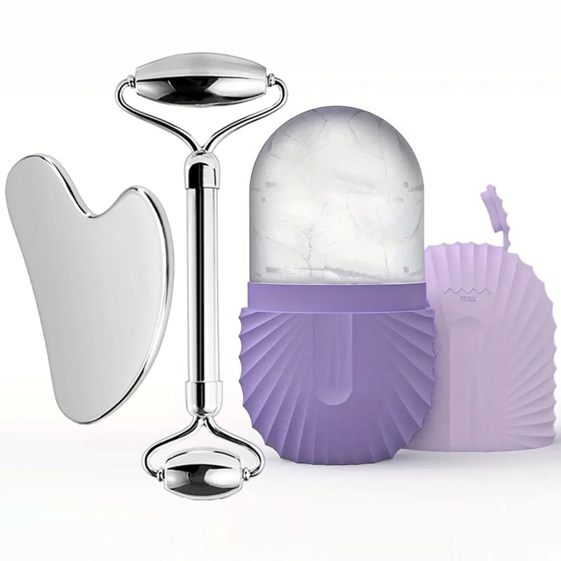 Kit Massageador Facial de Gelo com Rolo de Aço Inoxidável + Gua Sha – Lifting, Contorno e Cuidados com a Pele