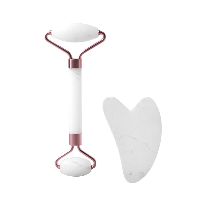 Massageador Facial Roller + Pedra Gua Sha em Quartzo