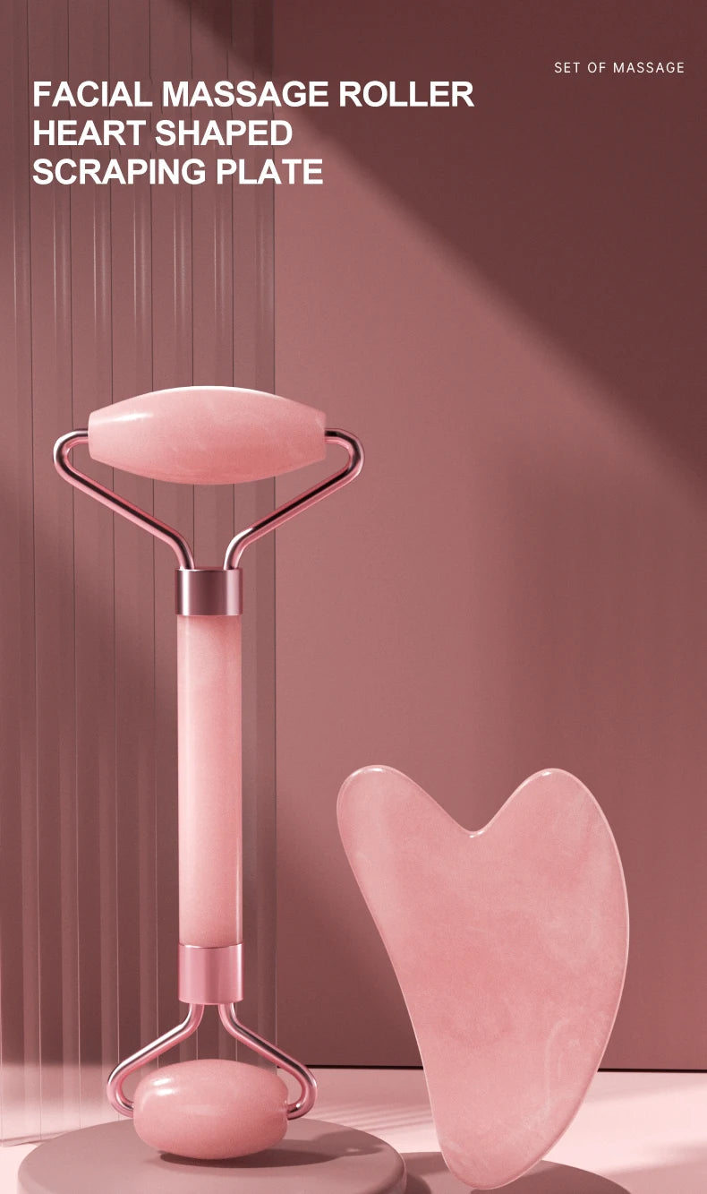 Massageador Facial Roller + Pedra Gua Sha em Quartzo