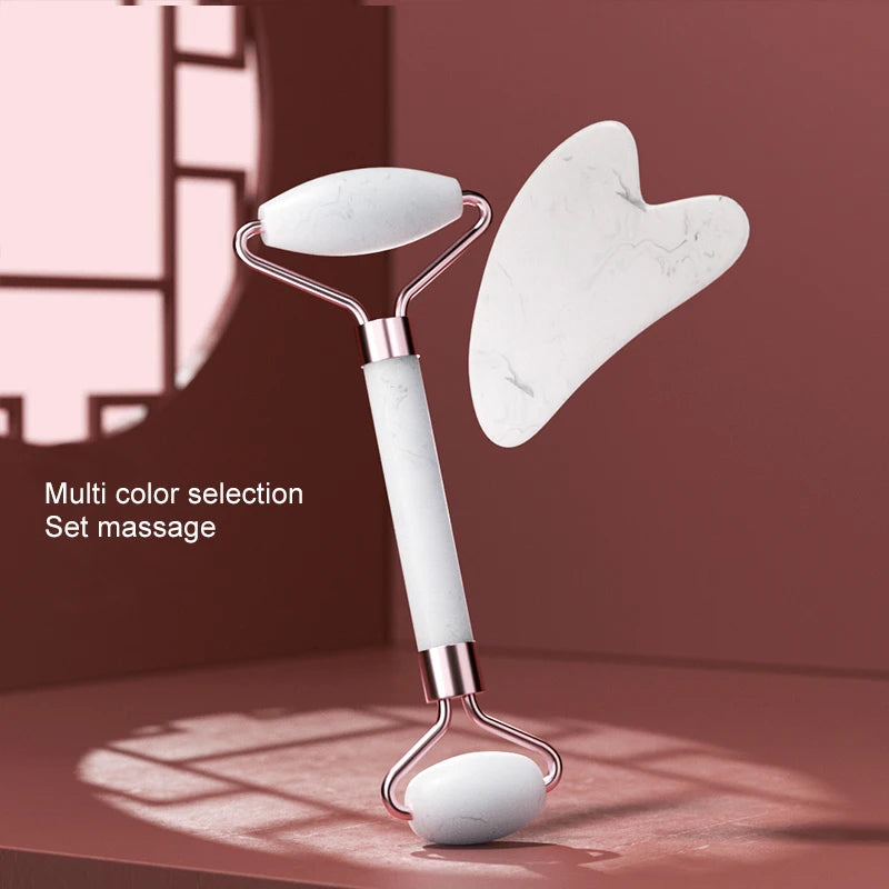 Massageador Facial Roller + Pedra Gua Sha em Quartzo