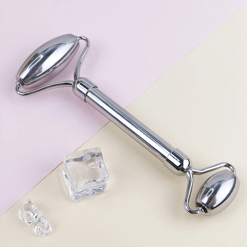 Kit Massageador Facial de Gelo com Rolo de Aço Inoxidável + Gua Sha – Lifting, Contorno e Cuidados com a Pele