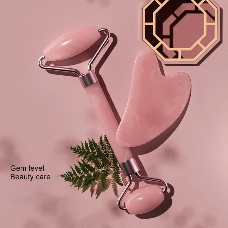 Massageador Facial Roller + Pedra Gua Sha em Quartzo
