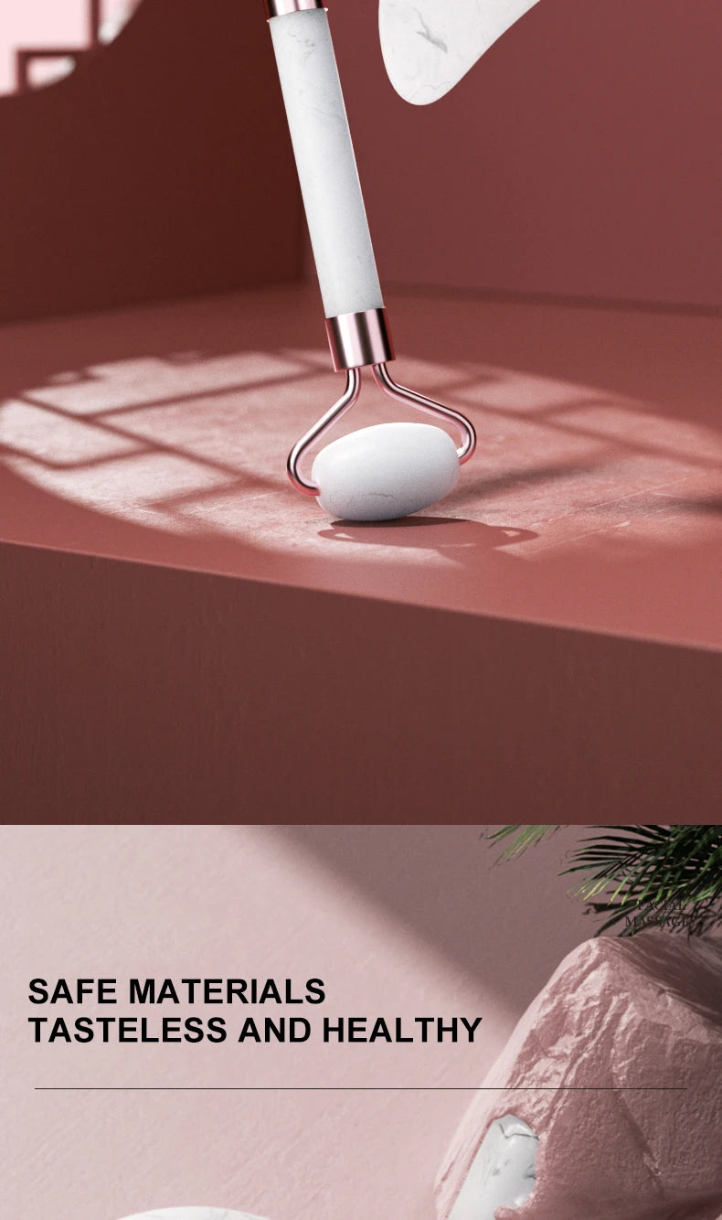 Massageador Facial Roller + Pedra Gua Sha em Quartzo