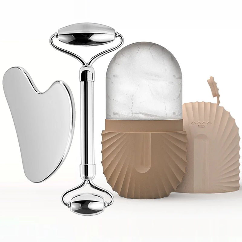 Kit Massageador Facial de Gelo com Rolo de Aço Inoxidável + Gua Sha – Lifting, Contorno e Cuidados com a Pele