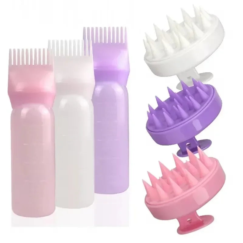 Escova Massageadora de Silicone e Frasco Shampoo/Tintura – 2 em 1 para Cabelos