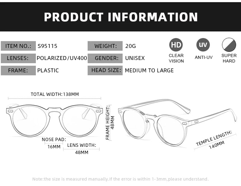 Óculos de Sol Retrô Redondo – Lentes Polarizadas UV400, Moda Vintage Unissex