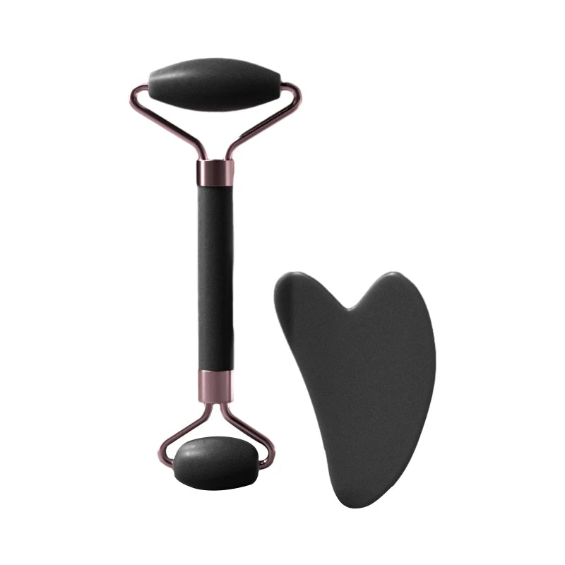 Massageador Facial Roller + Pedra Gua Sha em Quartzo