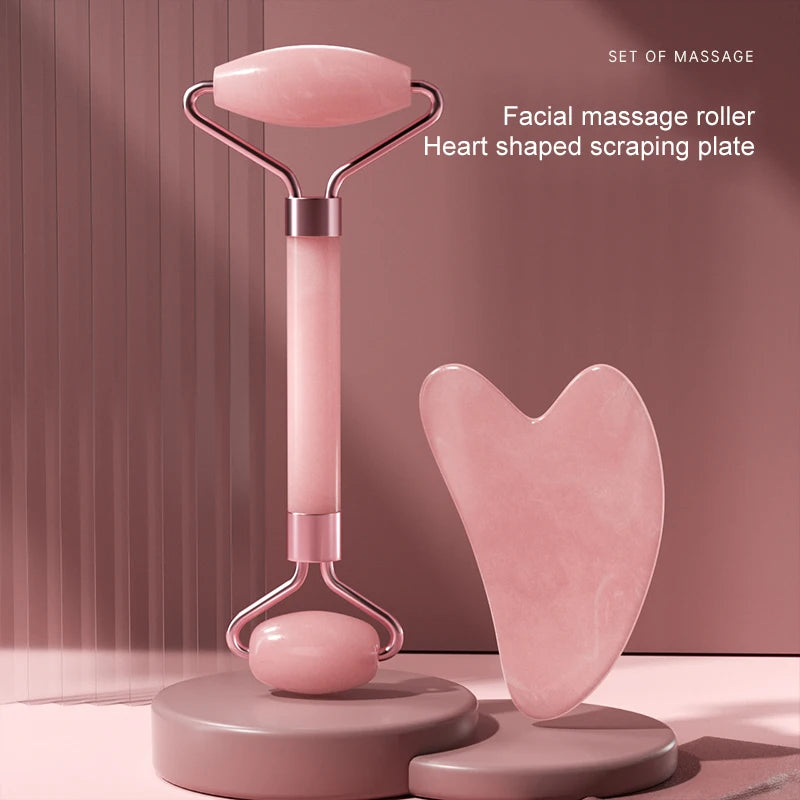 Massageador Facial Roller + Pedra Gua Sha em Quartzo