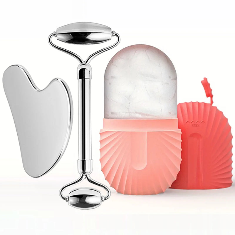 Kit Massageador Facial de Gelo com Rolo de Aço Inoxidável + Gua Sha – Lifting, Contorno e Cuidados com a Pele