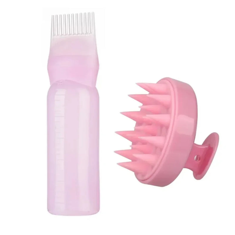 Escova Massageadora de Silicone e Frasco Shampoo/Tintura – 2 em 1 para Cabelos