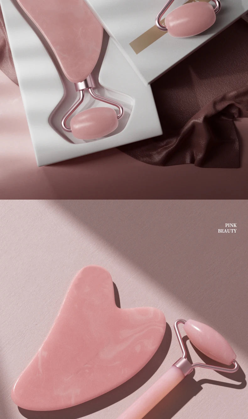 Massageador Facial Roller + Pedra Gua Sha em Quartzo