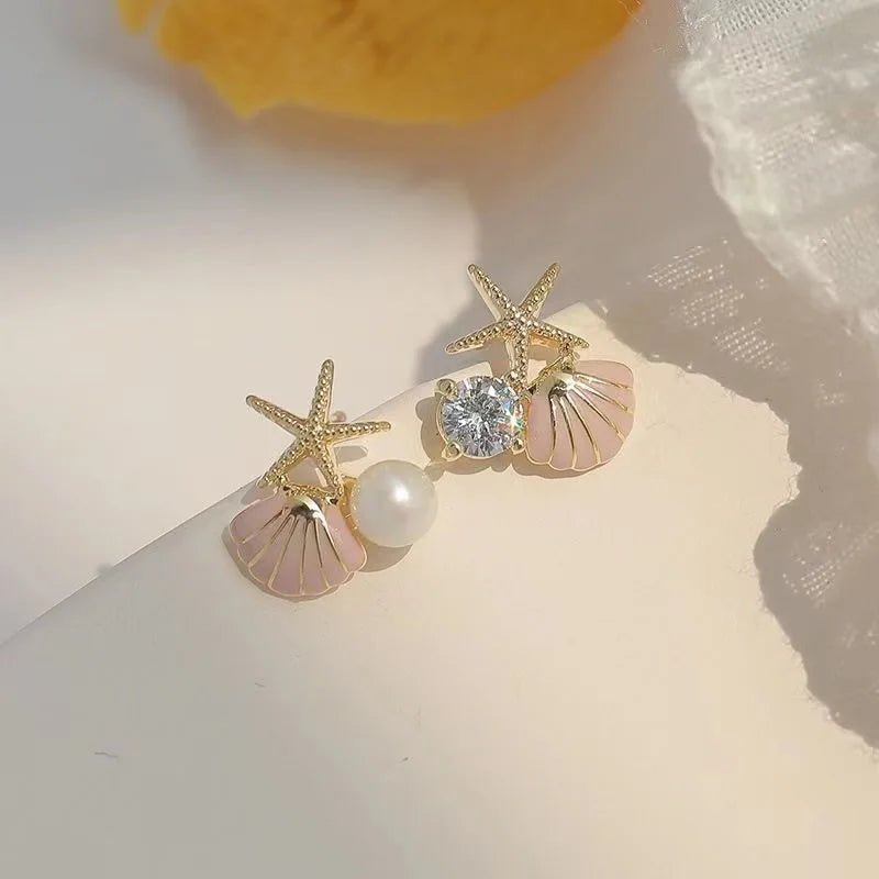 Brincos de estrela do mar em formato de concha branca e rosa para mulheres