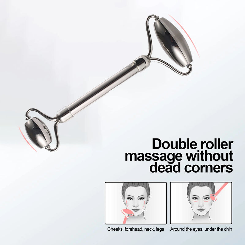 Kit Massageador Facial de Gelo com Rolo de Aço Inoxidável + Gua Sha – Lifting, Contorno e Cuidados com a Pele