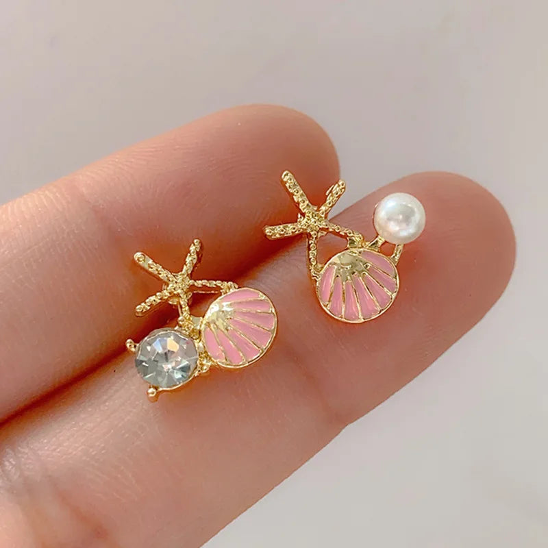 Brincos de estrela do mar em formato de concha branca e rosa para mulheres