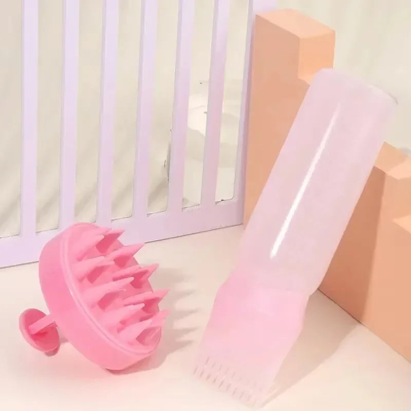 Escova Massageadora de Silicone e Frasco Shampoo/Tintura – 2 em 1 para Cabelos