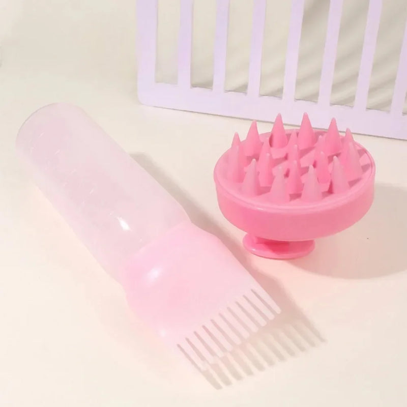 Escova Massageadora de Silicone e Frasco Shampoo/Tintura – 2 em 1 para Cabelos