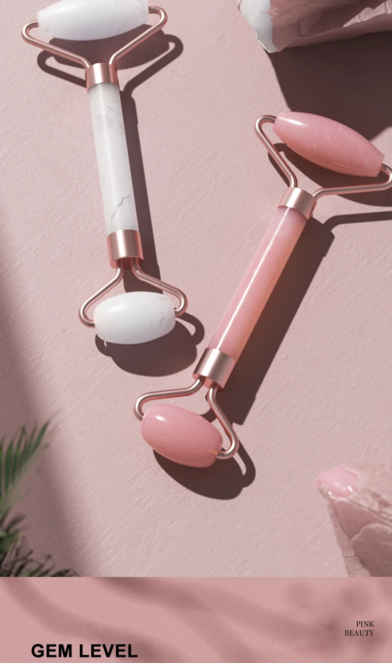 Massageador Facial Roller + Pedra Gua Sha em Quartzo