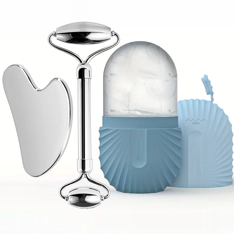 Kit Massageador Facial de Gelo com Rolo de Aço Inoxidável + Gua Sha – Lifting, Contorno e Cuidados com a Pele