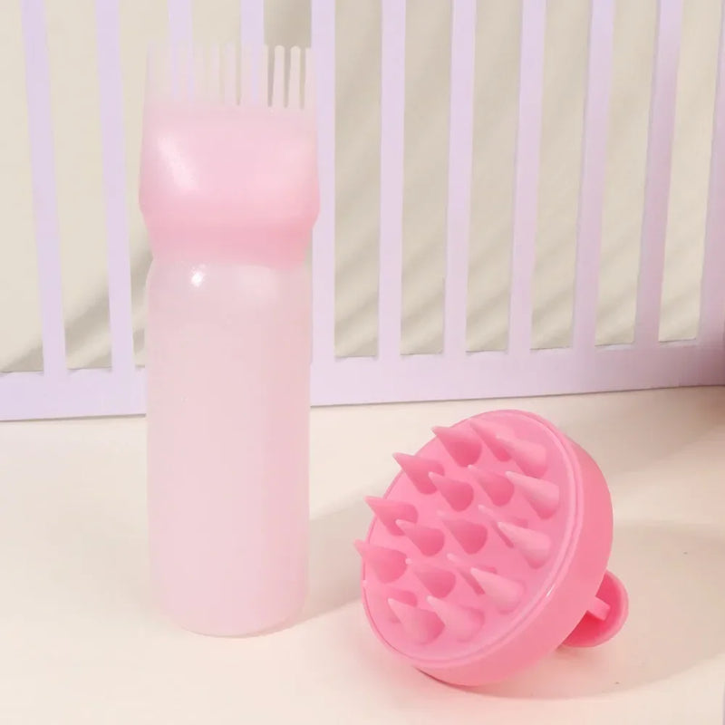 Escova Massageadora de Silicone e Frasco Shampoo/Tintura – 2 em 1 para Cabelos