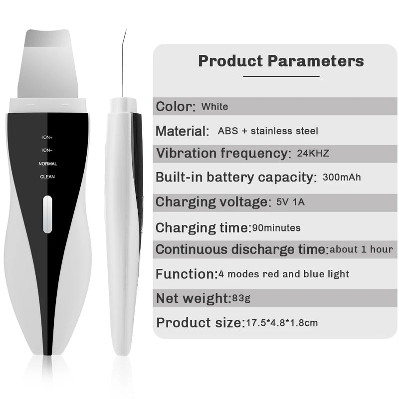 Espátula Ultrassônica Facial 4 em 1 – Limpeza Profunda, Lifting, Extração de Cravos e Rejuvenescimento com Luz LED