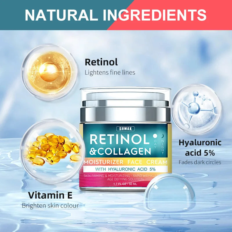 Creme Facial Antienvelhecimento com Retinol LAIKOU – 50ml | Hidratação Profunda, Redução de Rugas, Colágeno & Ácido Hialurônico