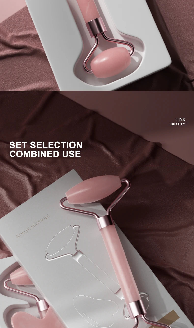 Massageador Facial Roller + Pedra Gua Sha em Quartzo