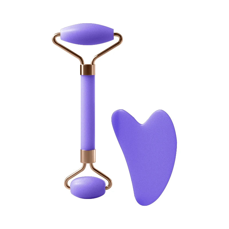 Massageador Facial Roller + Pedra Gua Sha em Quartzo